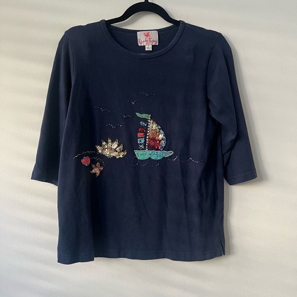 Quacker Factory Women's Navy Sequin Embellished 3/4 Sleeve Top Size Small